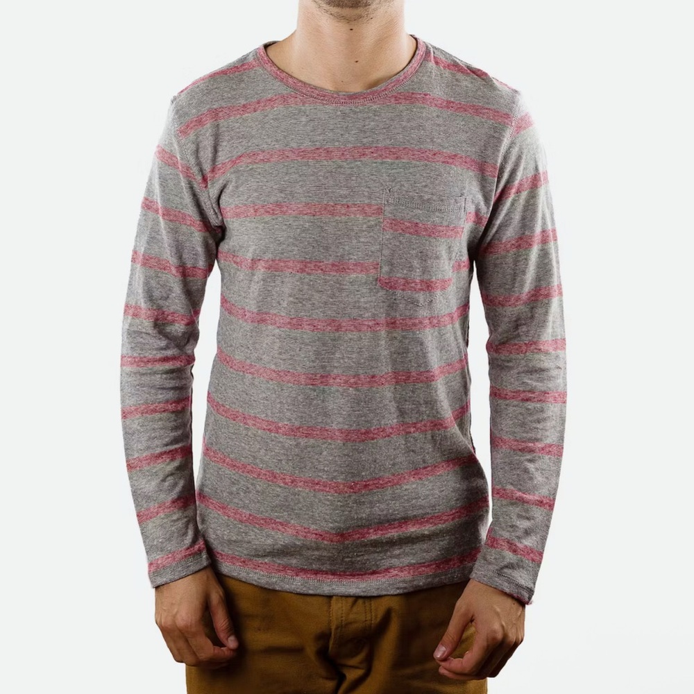 Jungmaven Long Sleeve Baja Hemp Pocket Tee Red and Gray Stripe Men’s Sz Large